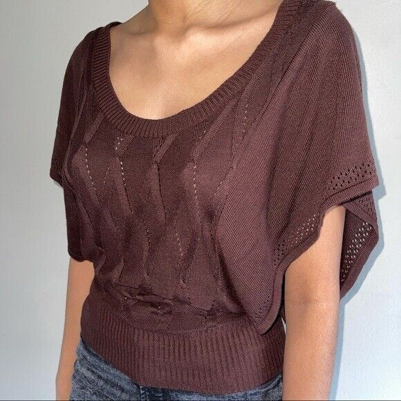 Windsor Brown Knit Sweater Top L Open Back Short Butterflies Sleeves Scoop Neck - Picture 1 of 12
